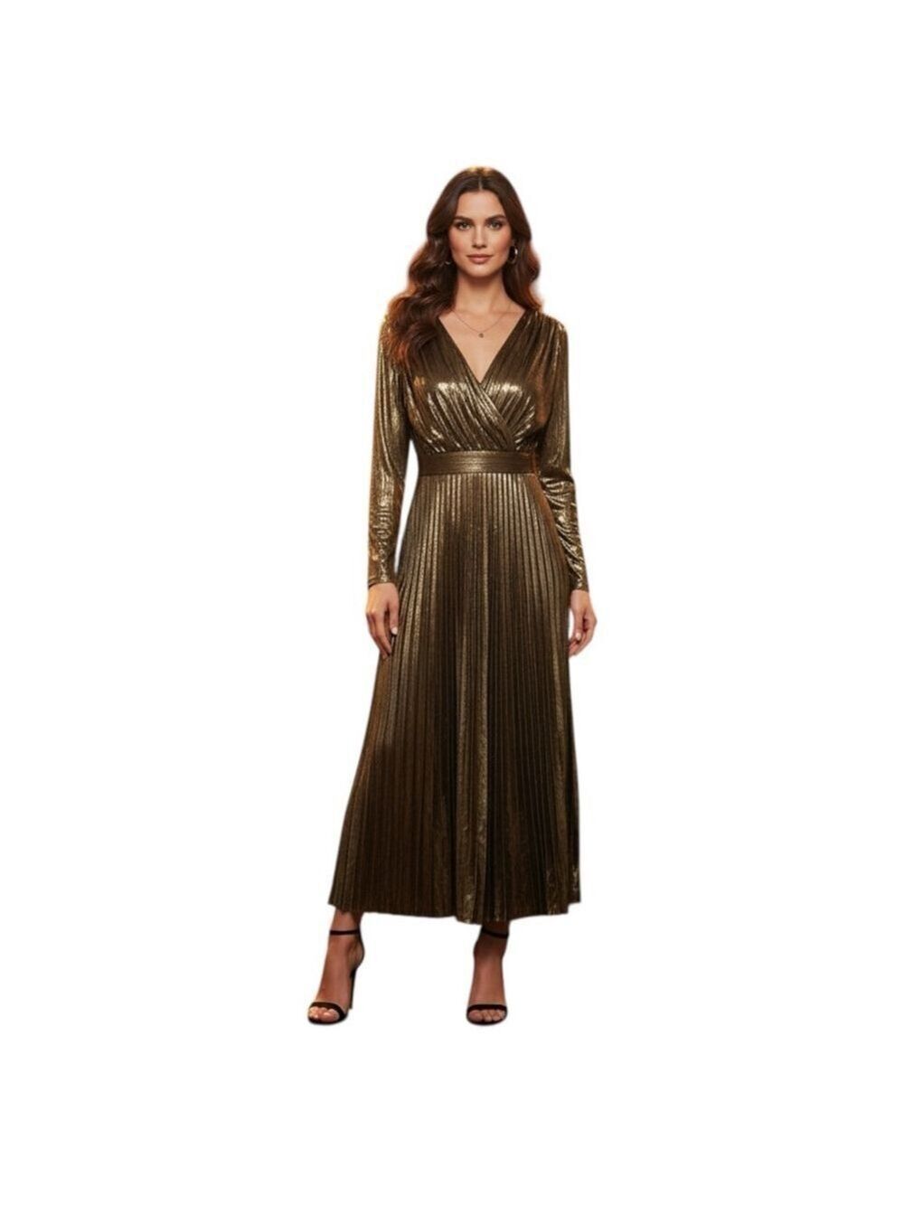 AOMEI Gold Pleated V-Neck Long Sleeve Maxi Dress Small